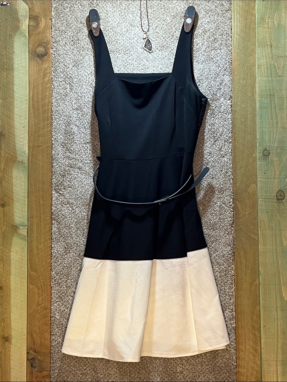 Worthington Black and Cream Fit-and-Flare Dress with Belt